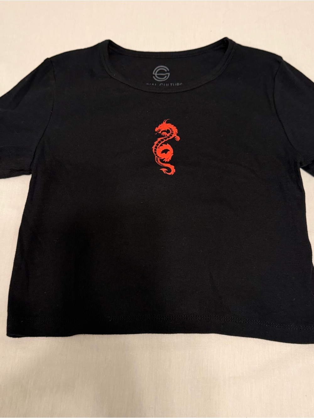 Black Crop Top with Red Dragon Graphic - Unbranded